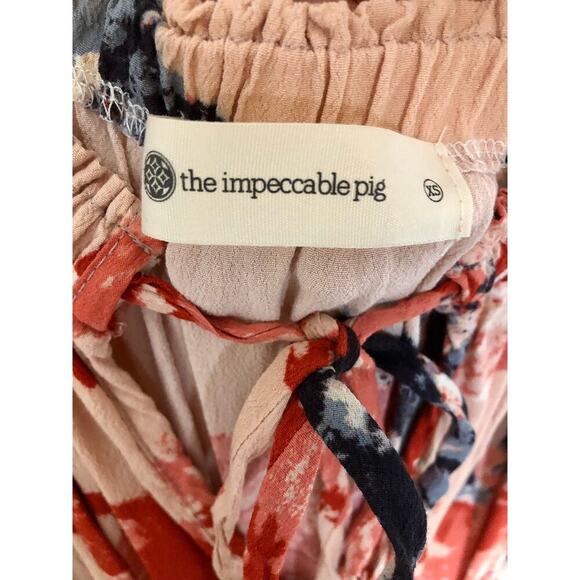 The Impeccable Pig Peach Soft Pink Floral Off Shoulder Romper Tie Front - XS - Picture 5 of 6